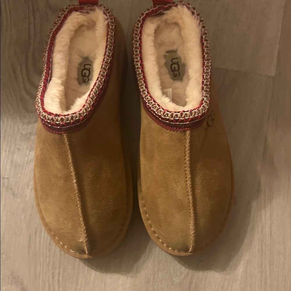 UGG Brown Suede Slippers with Red Accents